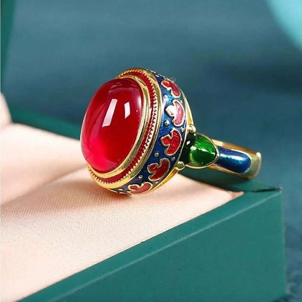 Ethnic Vintage Red Cabochon Enamel Ring